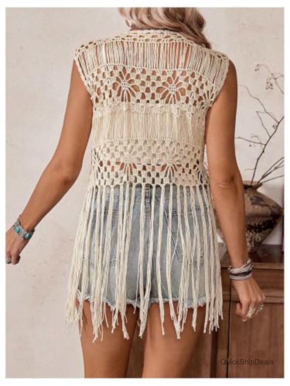 Crochet Fringe Tie Front Sleeveless Cardigan Vest